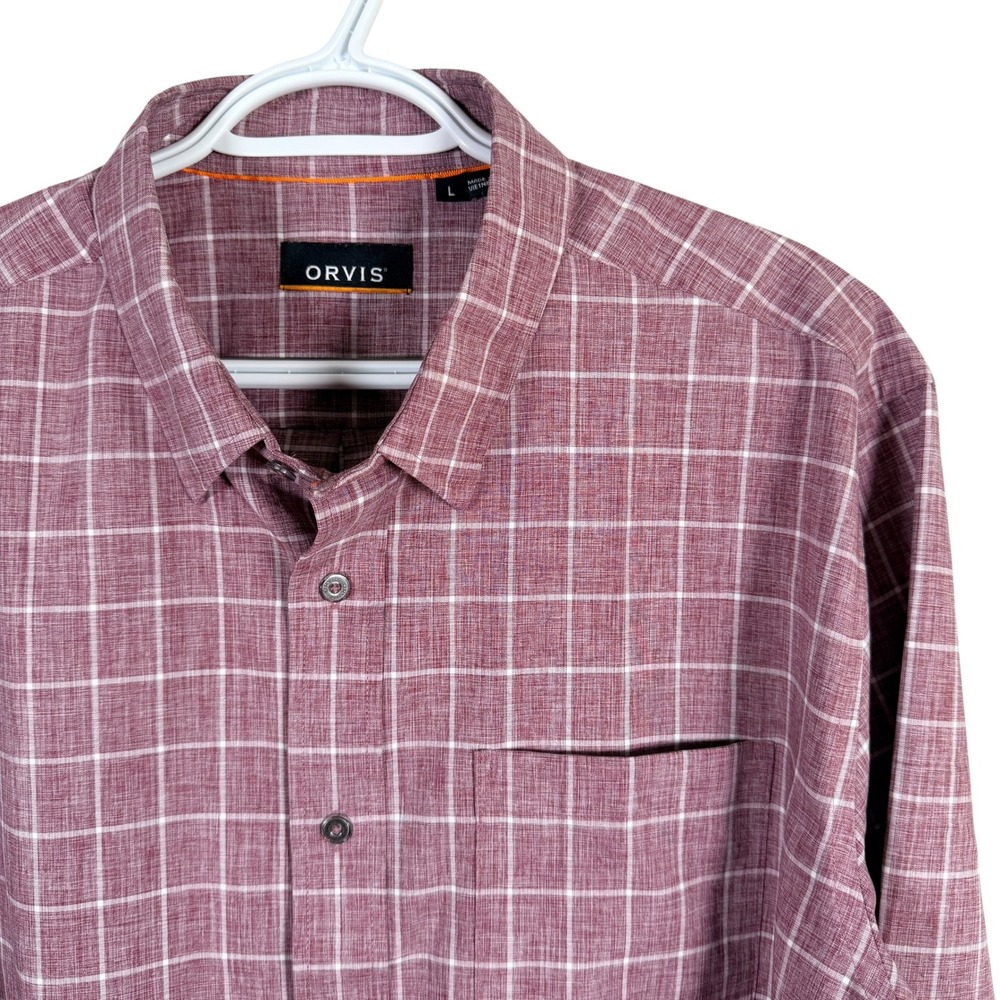 Orvis Fishing Button Down Shirt Mens L Maroon Red Windowpane Plaid‎ Long Sleeve